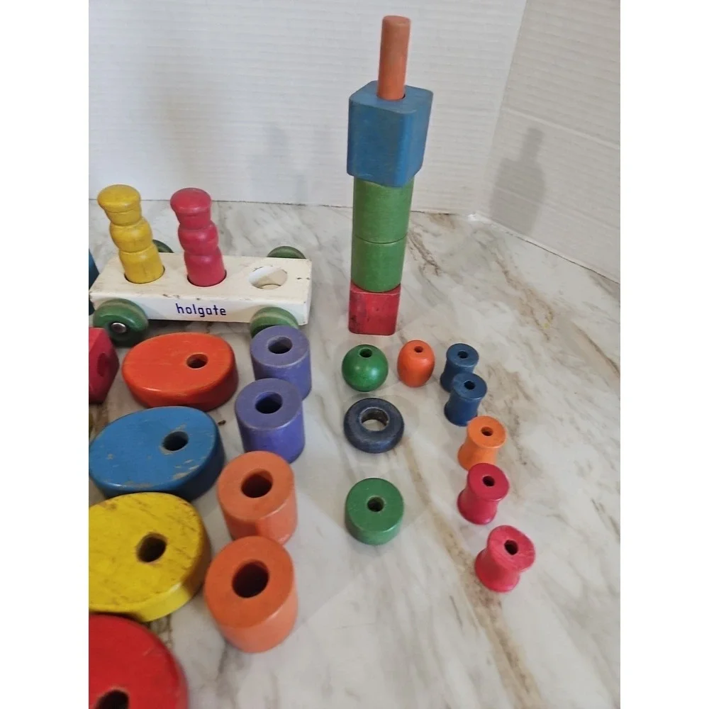 Vtg Lot Of Wooden & holgate  Building Blocks Different Sizes & Shapes 38 Pcs